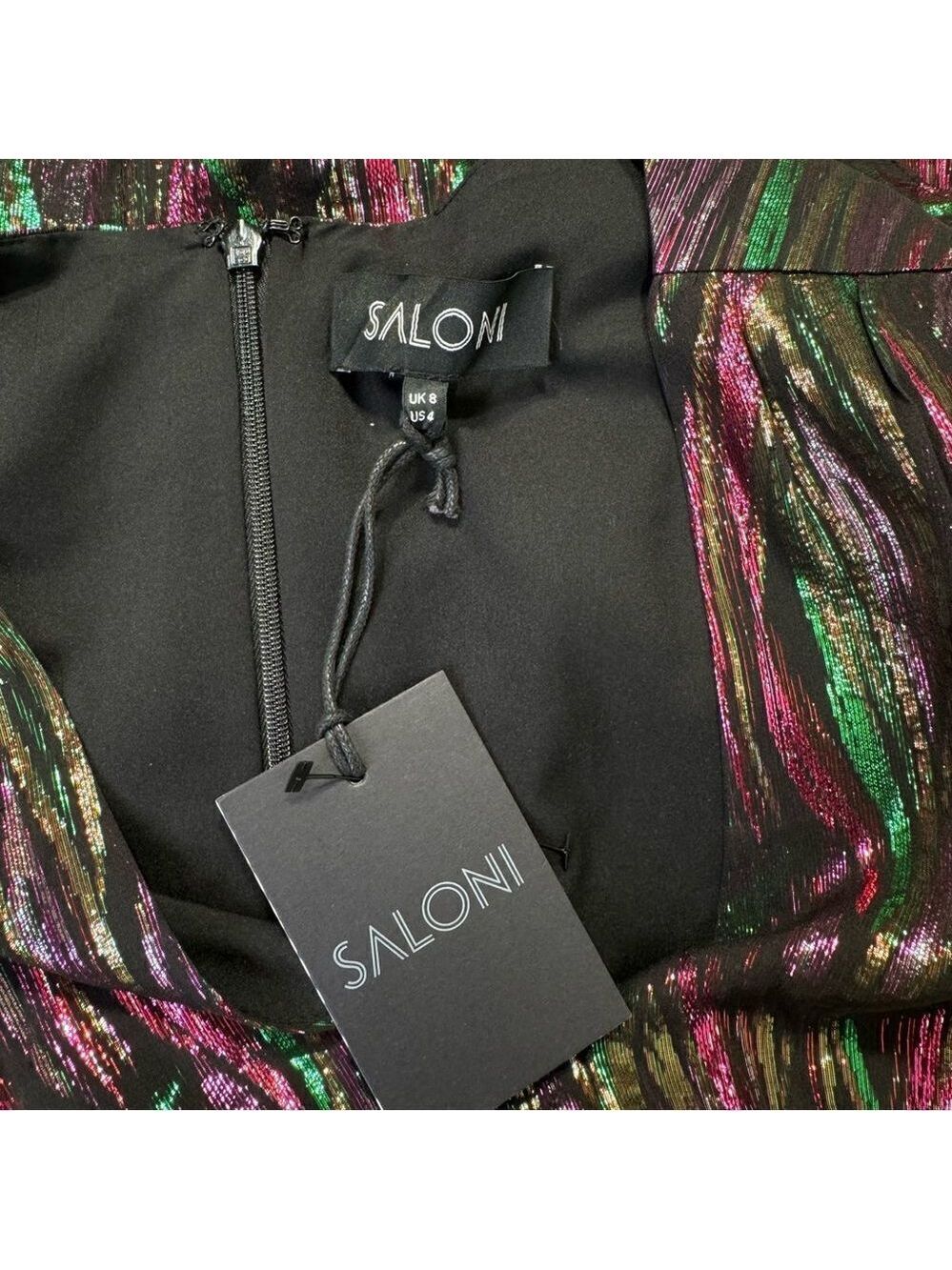 NEW Saloni Alya Black Rainbow Oilspill Silk Metallic Midi Dress Size 4 - Picture 13 of 16